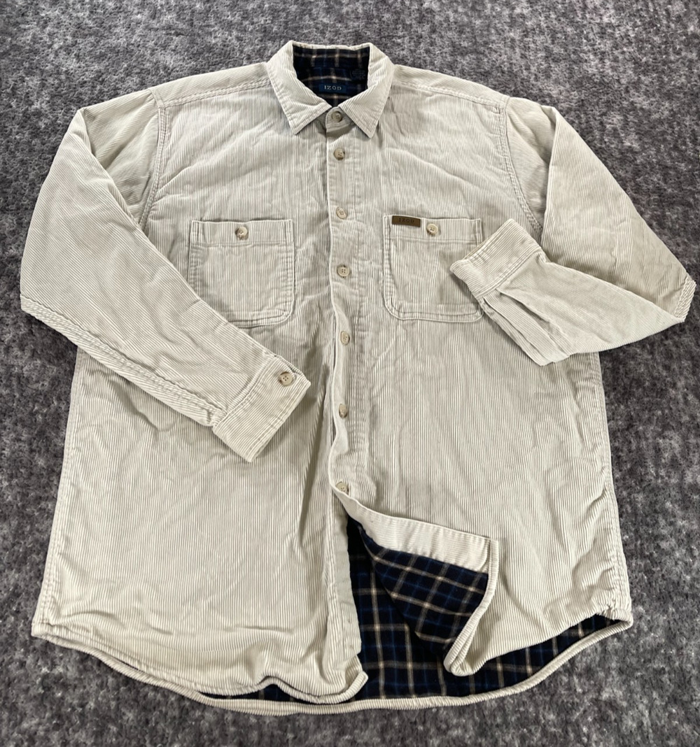 IZOD Corduroy Shirt Mens L White Flannel Lined Button Down Outdoor Long Sleeve